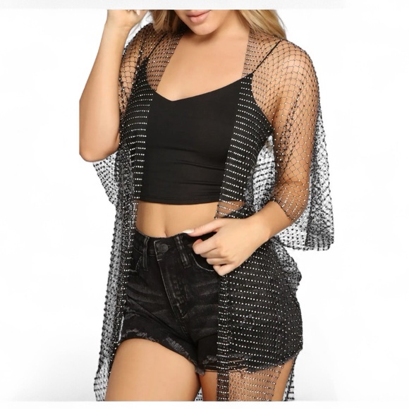 Rhinestone Mesh Kimono Cardigan - Picture 1 of 7